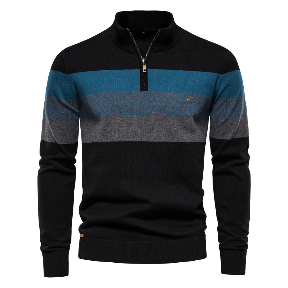Modern men's half-zip colorblock sweater, a sophisticated comfort fit pullover.