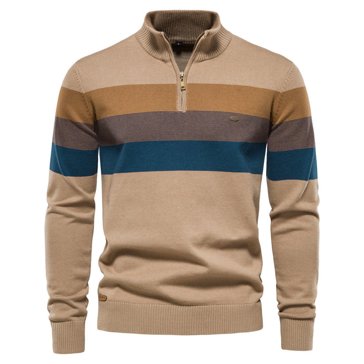 Sophisticated men's colorblock half-zip sweater, a versatile pullover for modern outfits.