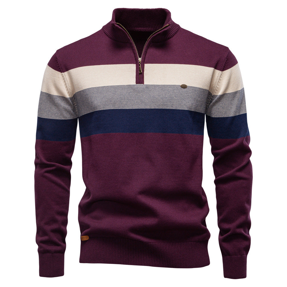 Stylish men's long sleeve colorblock sweater, a half-zip ideal for fall fashion layering.