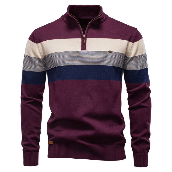 Stylish men's long sleeve colorblock sweater, a half-zip ideal for fall fashion layering.
