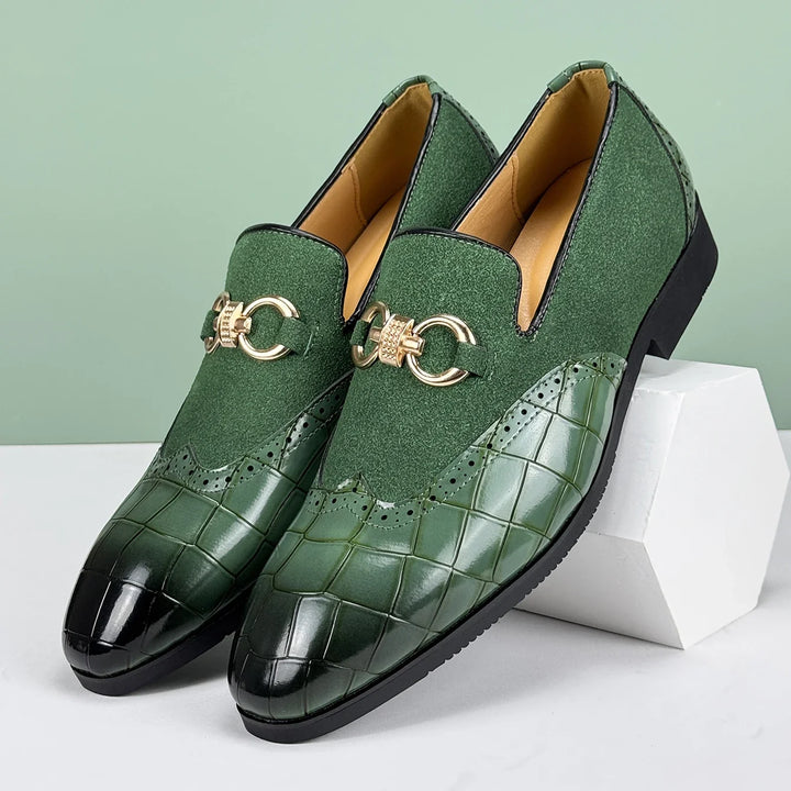 Black men's croc-embossed dress loafers, offering comfort and a sleek, formal slip-on style. Textured footwear.