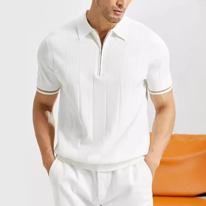 Men's short-sleeve half-zip polo. A contemporary, comfortable top for modern casual and smart casual occasions.