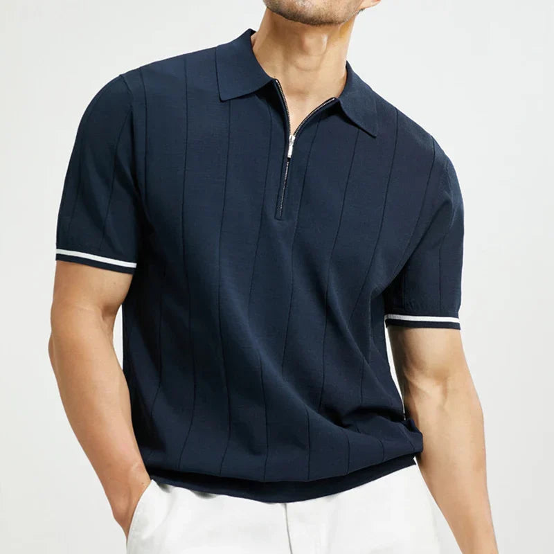 Fashionable men's half-zip polo shirt. Designed for modern comfort, with a stylish casual look and short sleeves.
