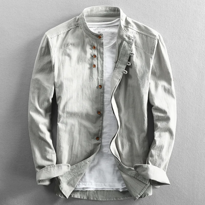 Relaxed fit men's button-up shirt with unique stand collar, comfortable long sleeves, versatile everyday fashion.