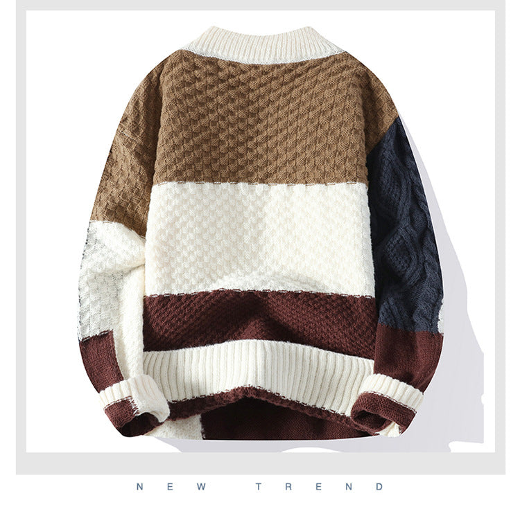 Men's warm patterned knit pullover sweater. Features stylish color block design and long sleeves.