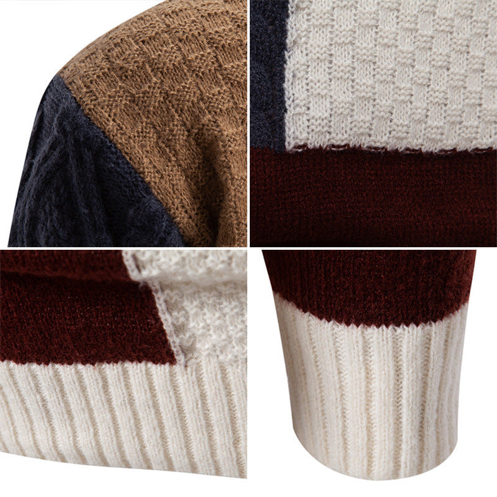 Long sleeve men's patterned color block knit pullover. Warm and stylish, ideal for autumn and winter comfort.