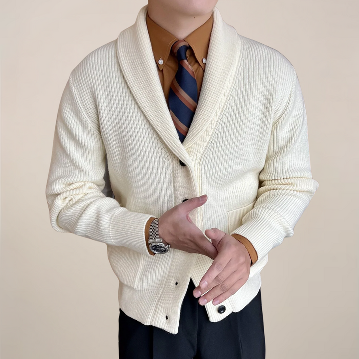 Men's stylish ribbed knit cardigan sweater with a classic shawl collar, perfect for smart casual autumn layering.