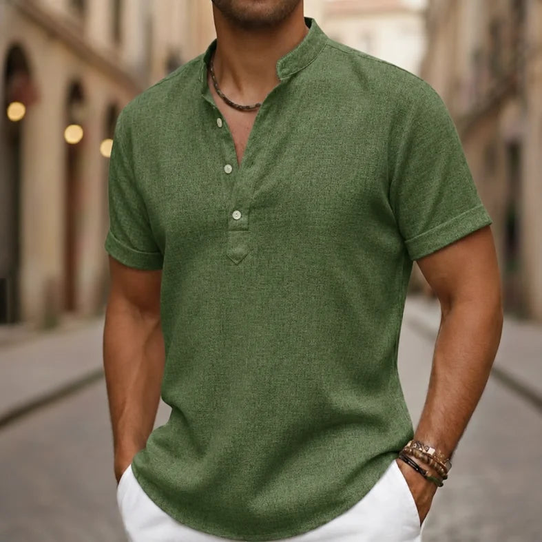Classic men's short sleeve Henley shirt, combining style and breathability for summer fashion.