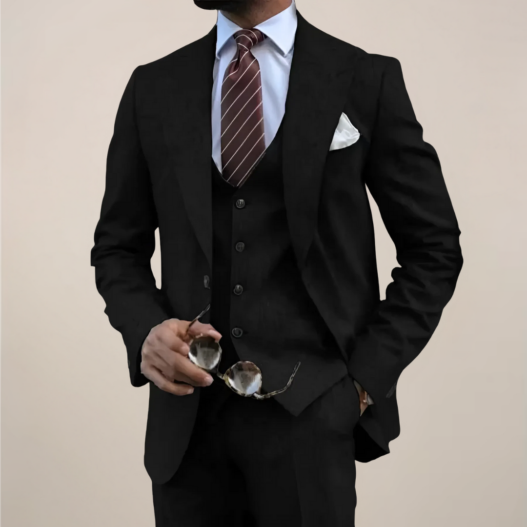 Modern men's dark blue three-piece suit, a versatile choice for formal wear, business, or special events.