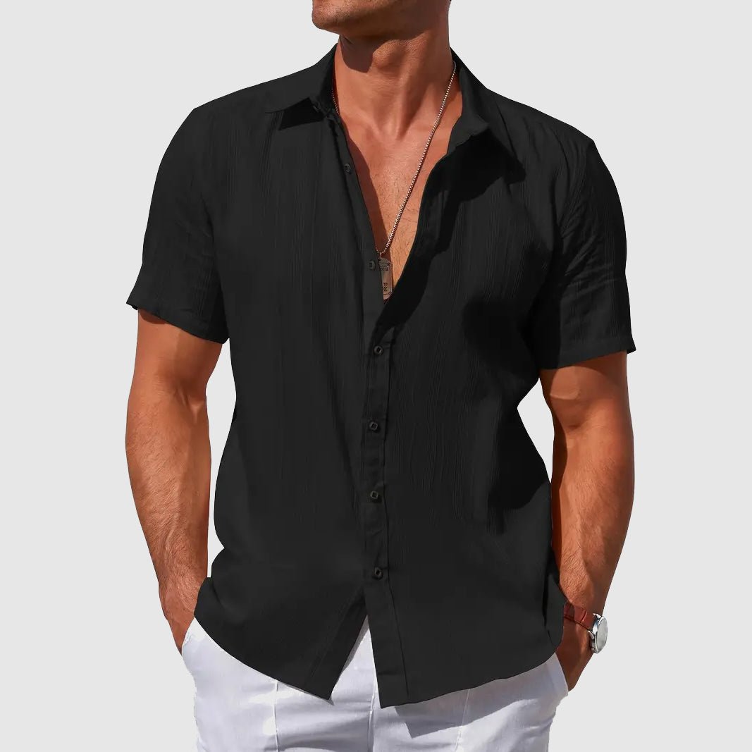 Versatile men's short sleeve textured top, ideal for warm weather & everyday wear.