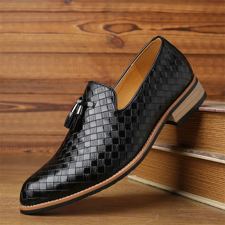 Men's stylish woven tassel dress loafers, ideal for formal and smart casual events.