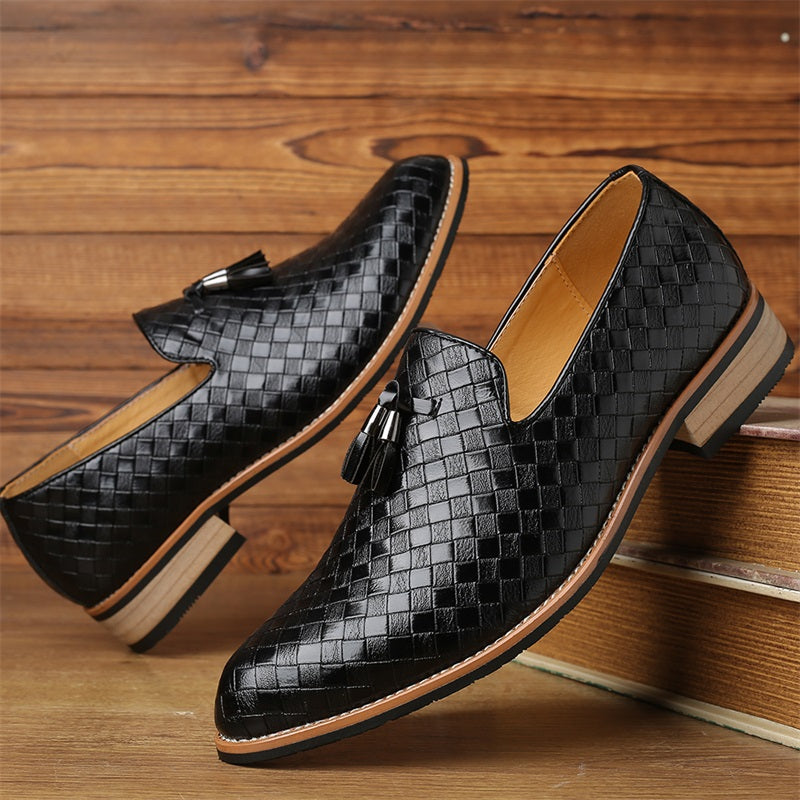 Elegant men's black woven tassel loafers, perfect for office, business casual, or parties.