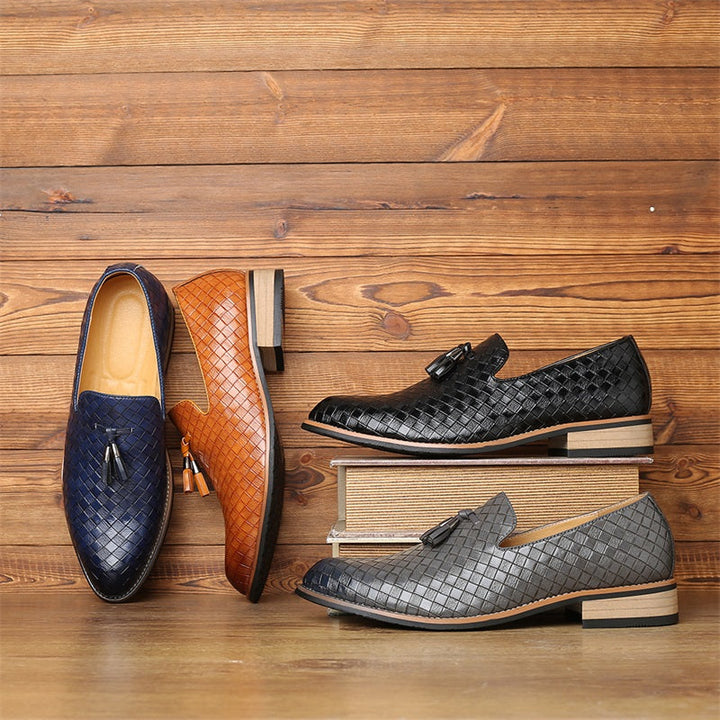 Stylish woven tassel dress loafers for men, a durable and fashionable footwear choice.