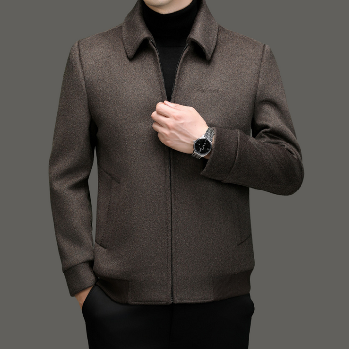 Signature men's zip-front jacket, a classic piece for sophisticated casual outerwear.