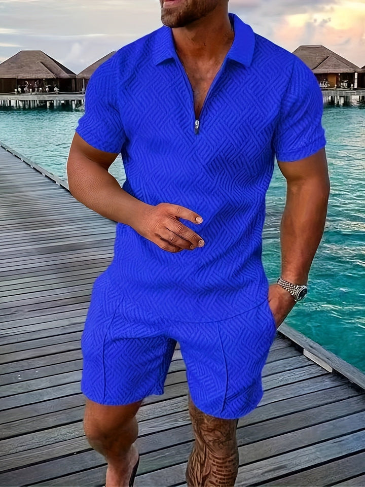 Men's summer shirt and shorts set for warm days. Coordinated casual two-piece outfit.