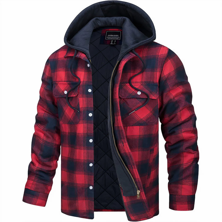 Close-up of Men's Summit Plaid Jacket showing classic plaid pattern and warm fabric, ideal for winter fashion.
