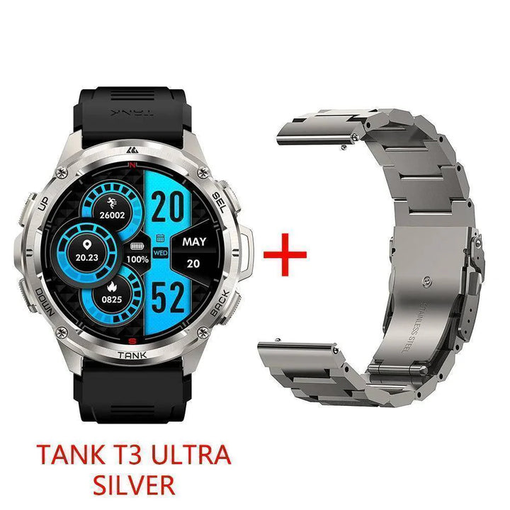 T3 Ultra GPS Smartwatch in a dark environment, highlighting its bright AMOLED display visibility
