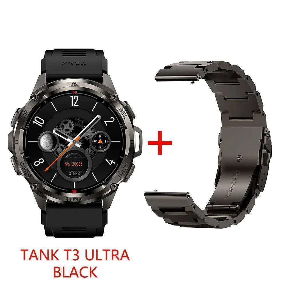 Packaging of the Men's T3 Ultra GPS AMOLED Smartwatch, a premium rugged fitness tracker