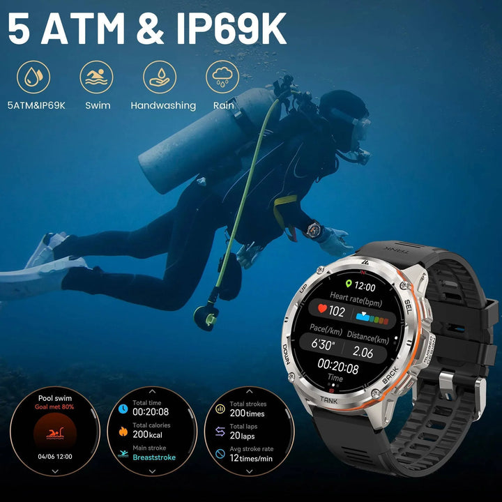 T3 Ultra GPS Smartwatch, waterproof design on a wet surface, tactical and durable