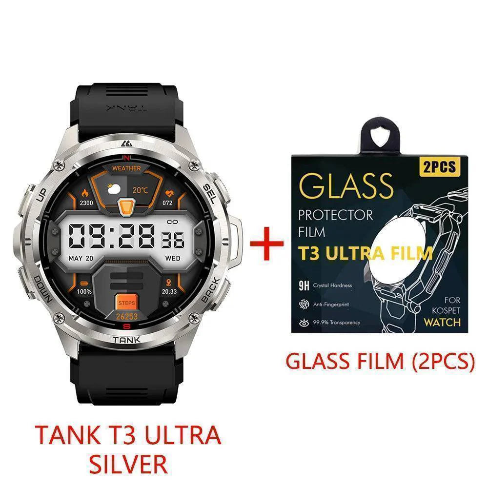 T3 Ultra GPS Smartwatch on a charger, emphasizing its smart capabilities and long battery life