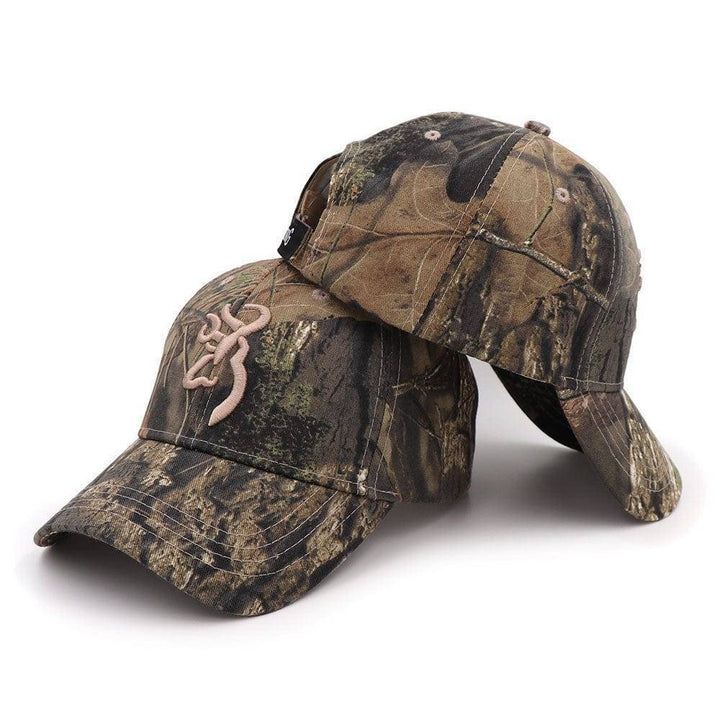 Close-up of a men's tactical camouflage fishing cap, showing fabric detail and design.