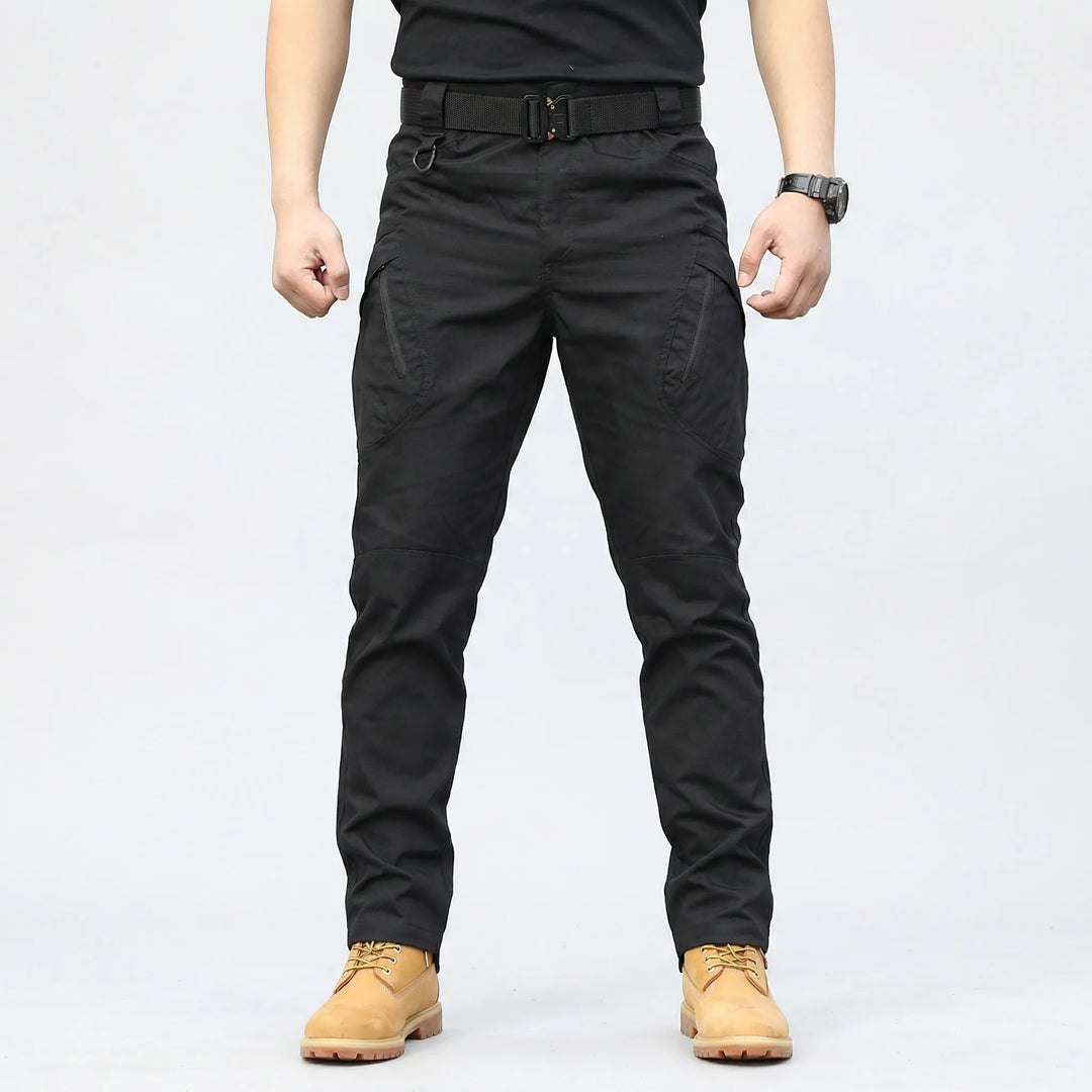 Stylish men's tactical cargo pants. Multi-pocket design, durable outdoor wear for hiking, work & adventure travel.