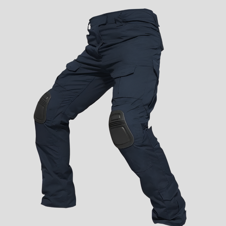 Close-up of integrated knee pads on men's durable cargo pants, ideal for work and adventure.