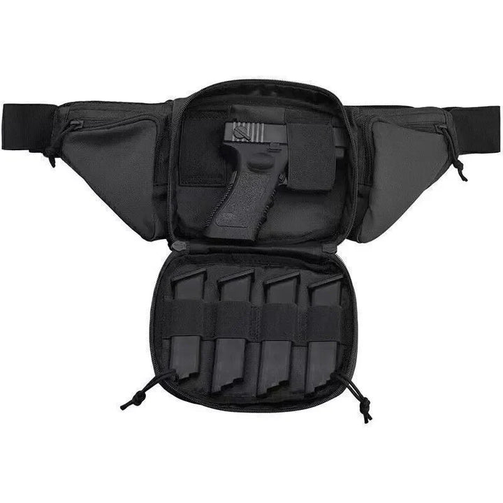 Man wearing a tactical concealed carry waist pack holster. Discreet fanny pack gun bag for outdoor gear & security.