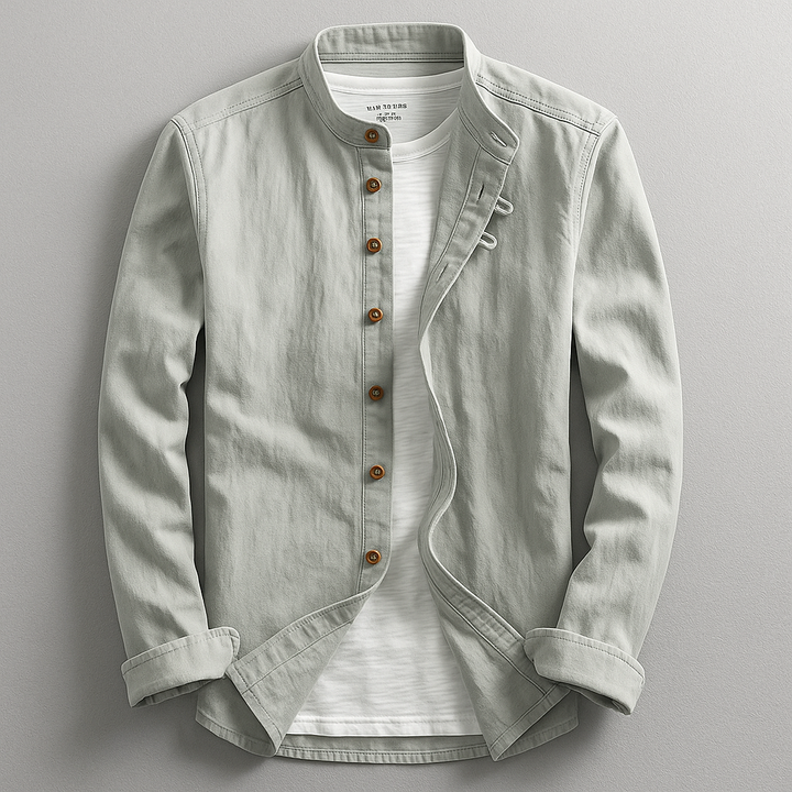 Modern men's tailored comfort shirt, button-up, with a distinctive Japanese stand collar for a refined look.