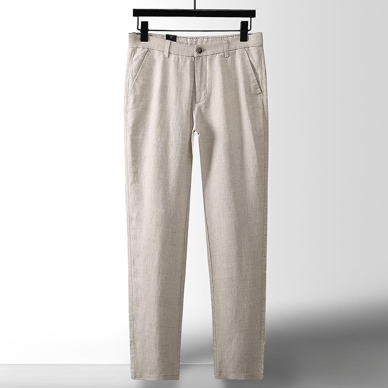 Relaxed yet smart men's tailored linen trousers. Comfortable & breathable pants, ideal for summer casual wear.