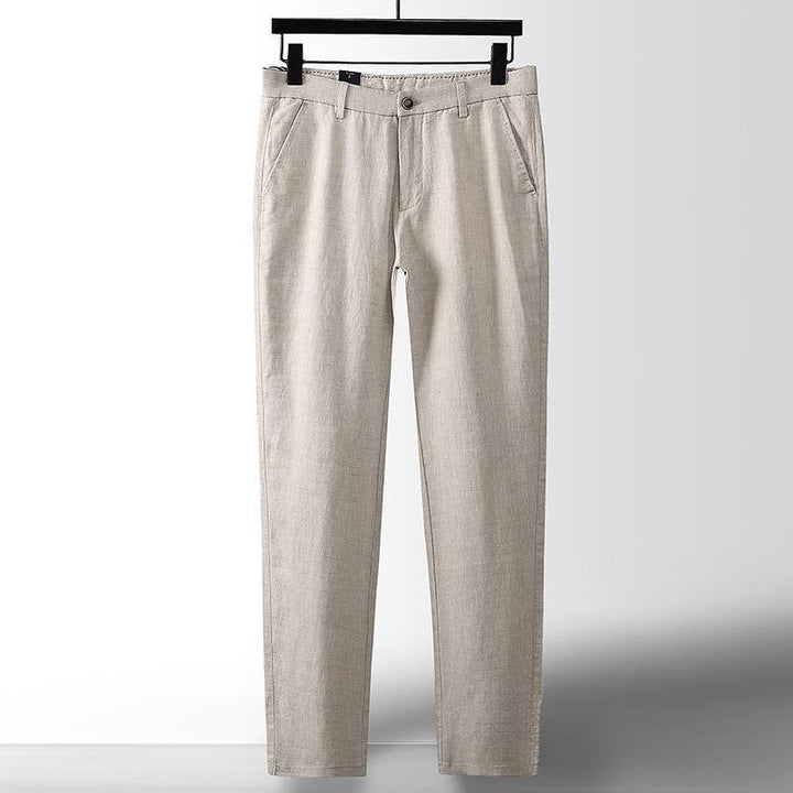 Relaxed yet smart men's tailored linen trousers. Comfortable & breathable pants, ideal for summer casual wear.