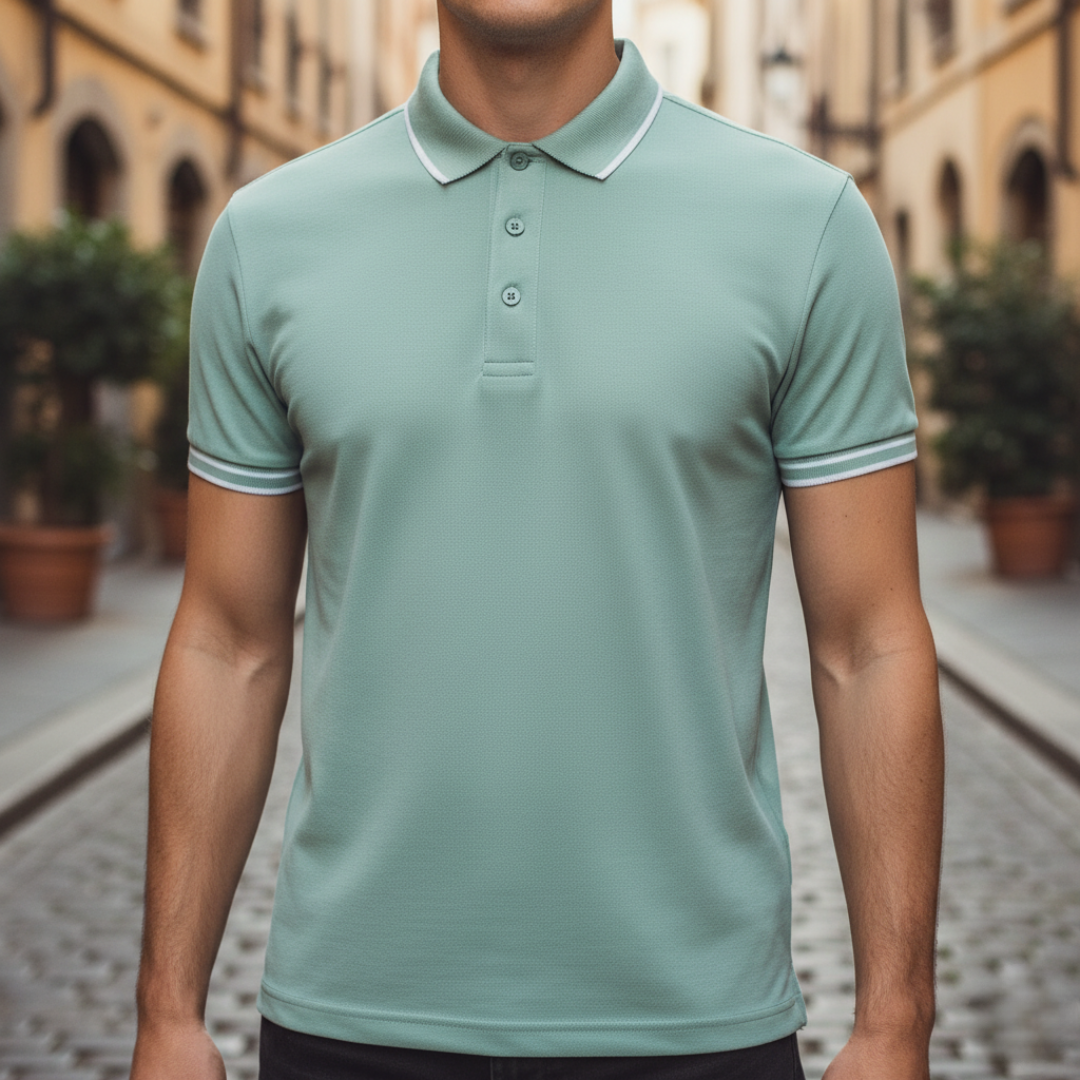 Men's golf shirt, short sleeve, tailored fit. Features moisture-wicking comfort & a stylish tipped collar.