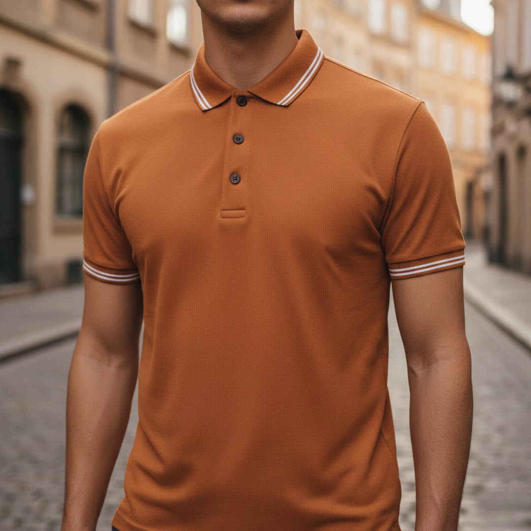 Everyday comfort men's tailored fit polo shirt, short sleeve. Tipped collar ensures versatile fashion.