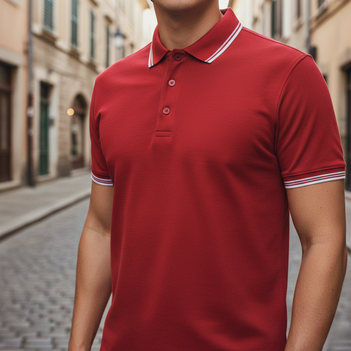 Modern men's fashion short sleeve polo shirt. Tailored fit, tipped collar, perfect for various casual outings.
