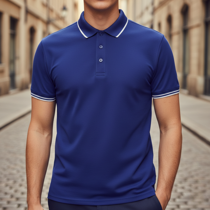 Versatile men's tailored fit polo shirt, short sleeve, tipped collar. Great for casual and golf wear.