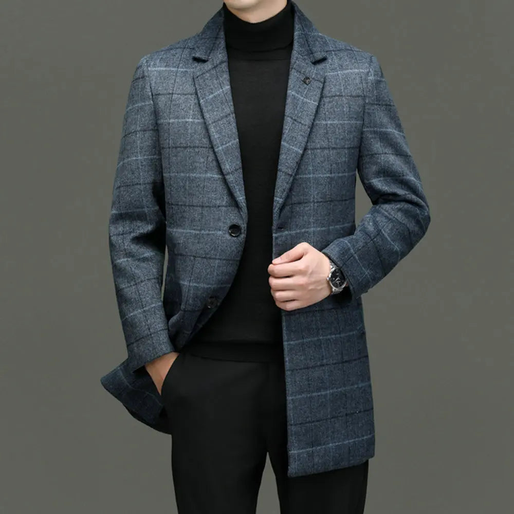 Sharp men's tailored plaid outerwear, a classic structured coat perfect for business elegance & style.
