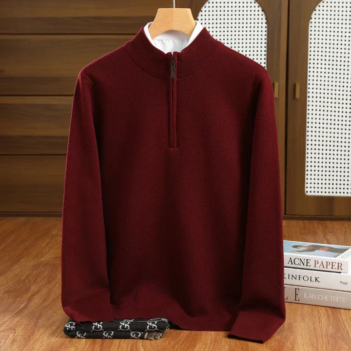Men's tailored half-zip mock neck sweater. Perfect smart casual pullover for versatile, all-season business wear.