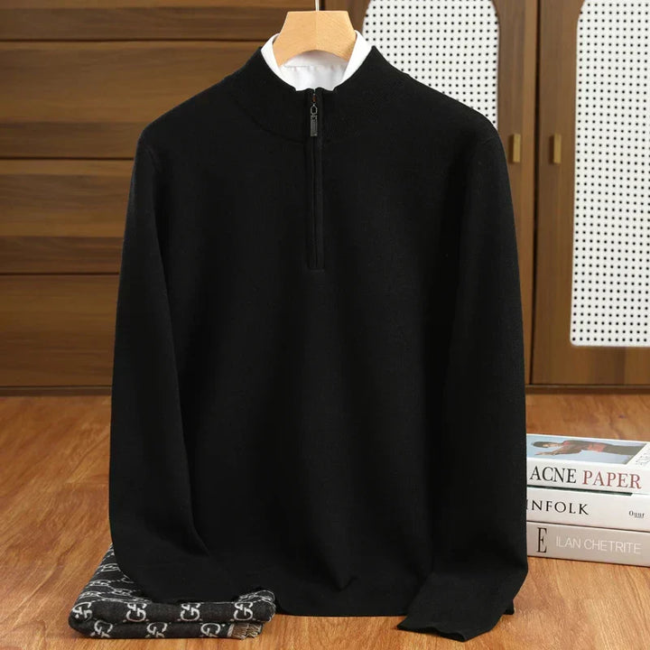 Comfortable men's half-zip mock neck sweater in a tailored fit. Ideal for smart casual layering & business fashion.
