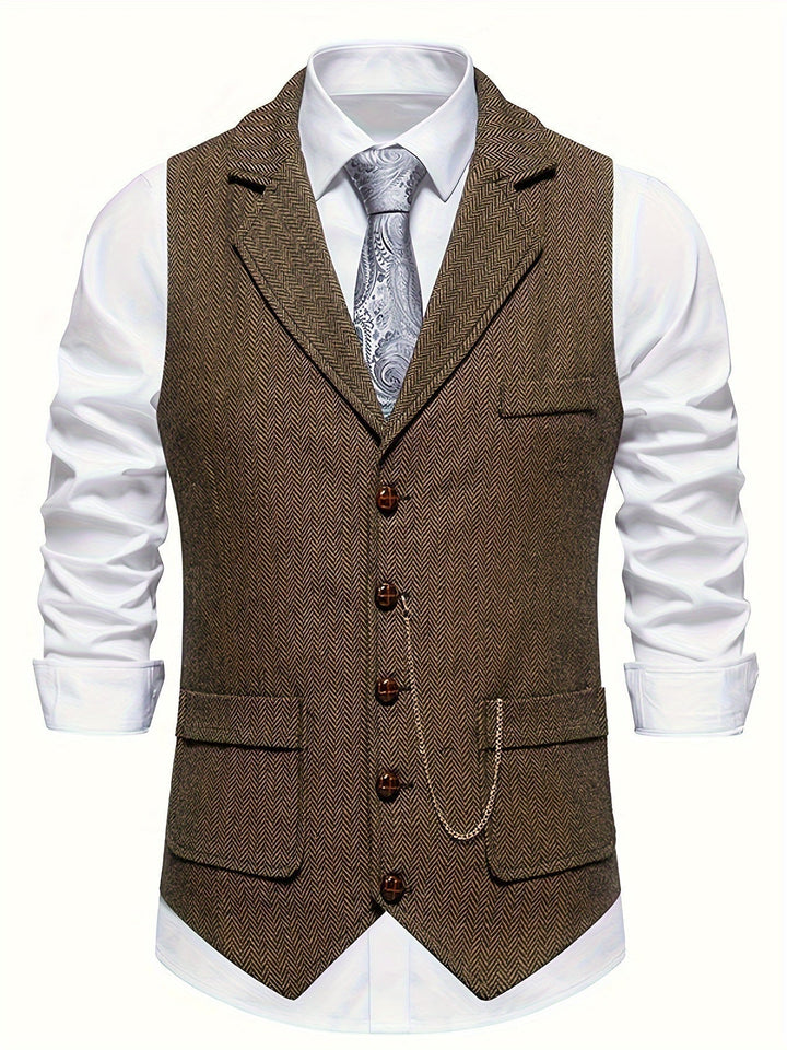 Sophisticated men's herringbone waistcoat with lapels. Essential formalwear for business, wedding guest attire, or classic style.