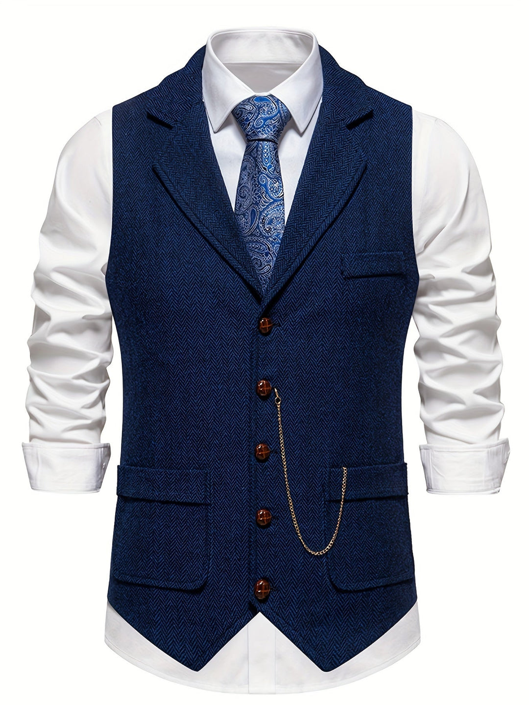 Timeless men's herringbone waistcoat in a classic style. A smart casual or formal vest for modern men's fashion & special events.