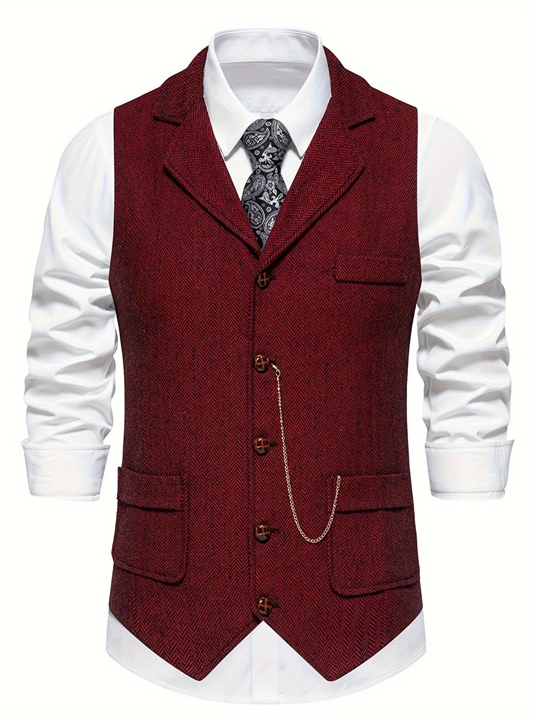 Stylish men's tailored herringbone vest. Versatile layering for formal, business, or smart casual outfits. Enhances any look.