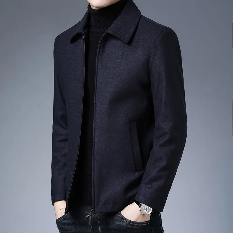 Sleek men's high-collar tailored jacket, a minimalist zip outerwear design for modern everyday fashion.