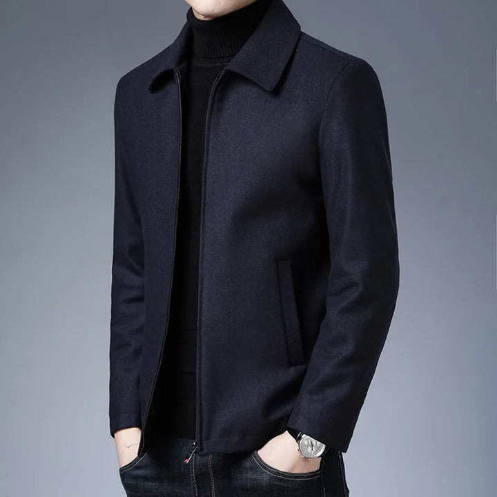 Sleek men's high-collar tailored jacket, a minimalist zip outerwear design for modern everyday fashion.