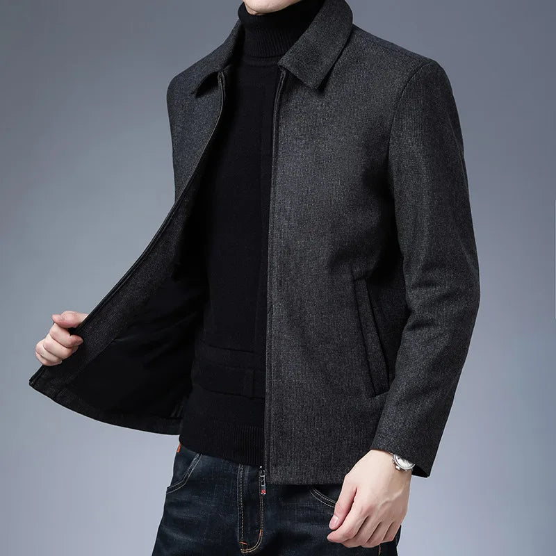 Modern men's tailored high-collar jacket, a comfortable zip-up for sharp everyday men's fashion.