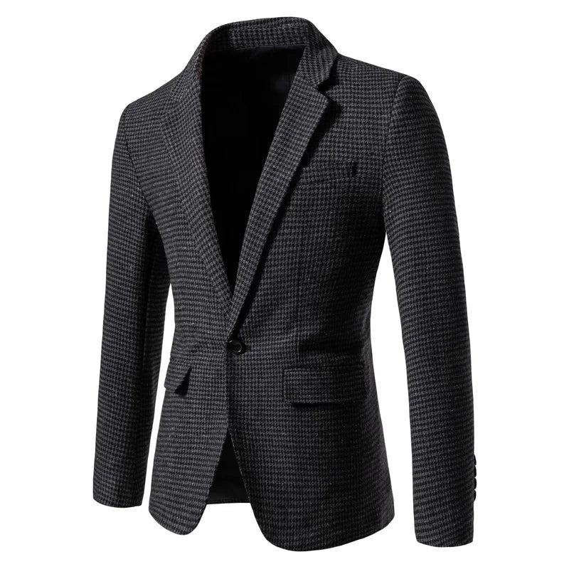 Back view of men's slim fit houndstooth blazer. Tailored formal jacket for modern business and sophisticated style.