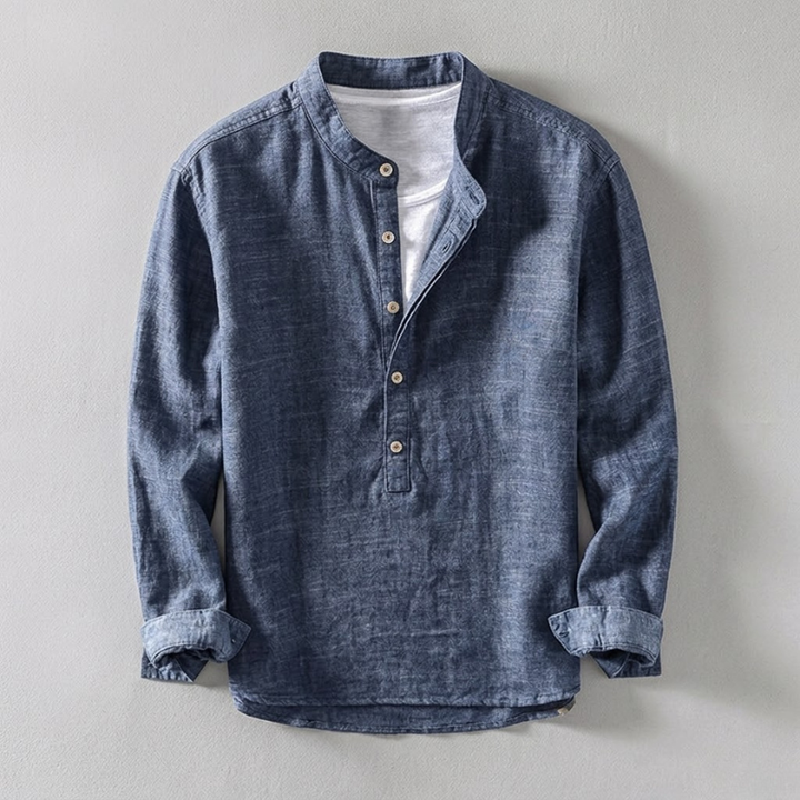 Versatile men's casual henley button shirt, long-sleeve, offering modern style for everyday wear.