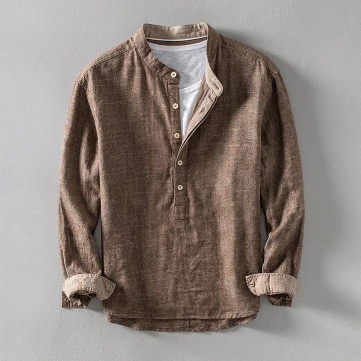 Comfortable men's tailored long-sleeve henley shirt, perfect for stylish casual everyday outfits.