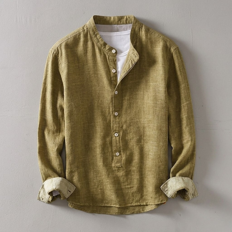 Modern men's casual long-sleeve henley button shirt with tailored fit for everyday comfort & style.
