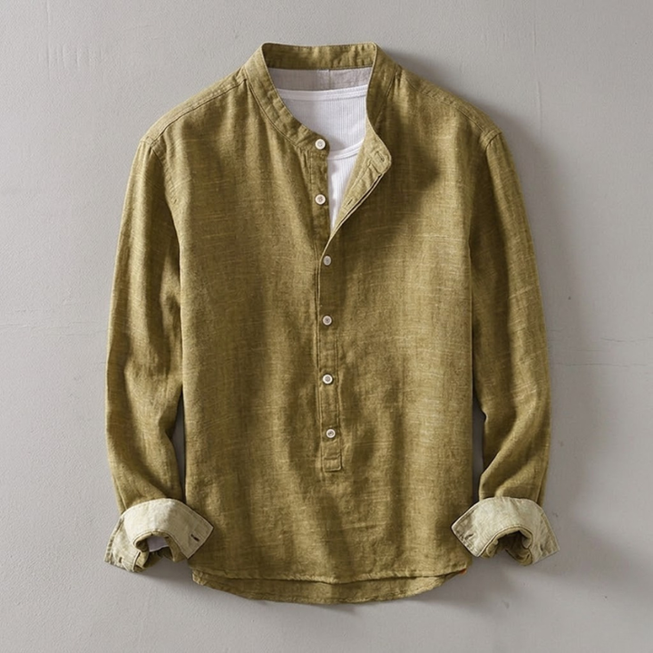 Modern men's casual long-sleeve henley button shirt with tailored fit for everyday comfort & style.