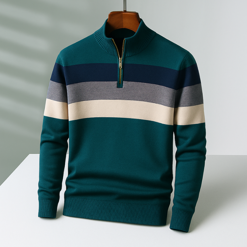 Man wearing a stylish tailored quarter-zip pullover, demonstrating its comfortable fit and classic mens fashion appeal.